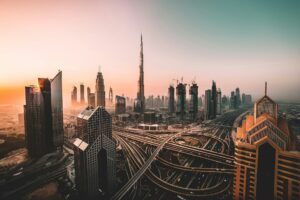 Dubai city skyline aerial view at golden hour