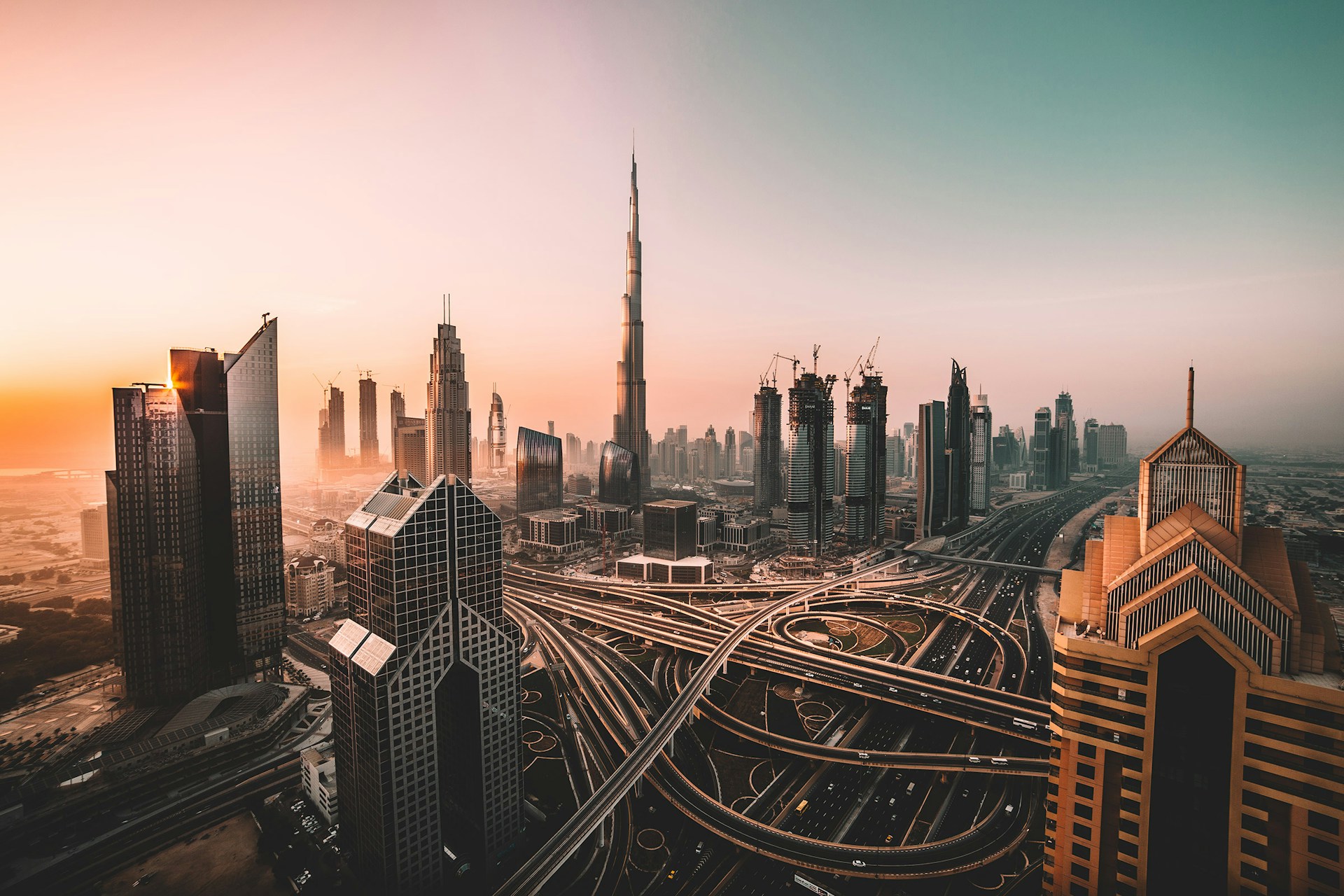 Dubai city skyline aerial view at golden hour